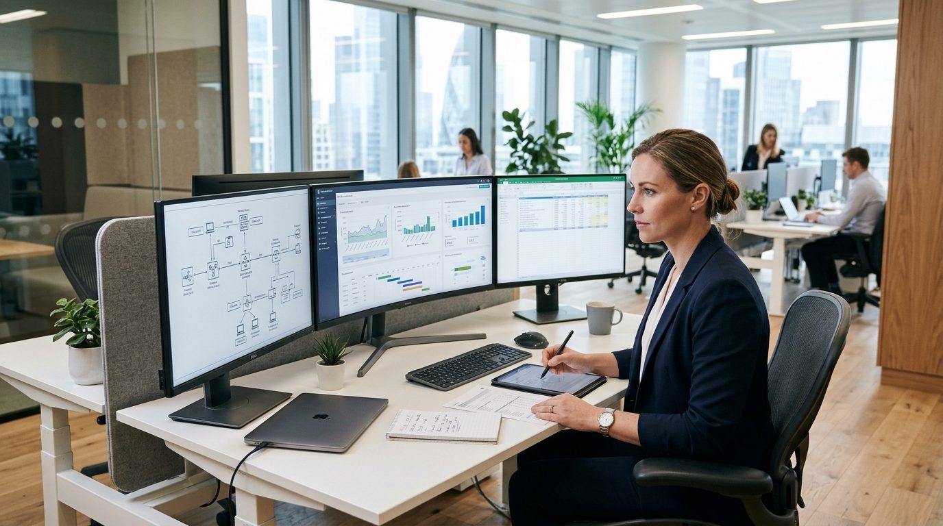 Responsable des achats informatiques analysant les dépenses technologiques sur écran