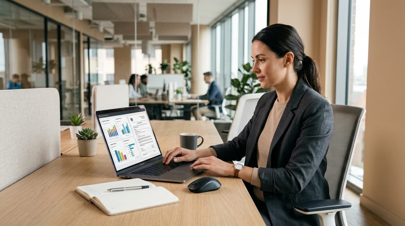 Professionnel consultant un appel d'offres public sur un ordinateur